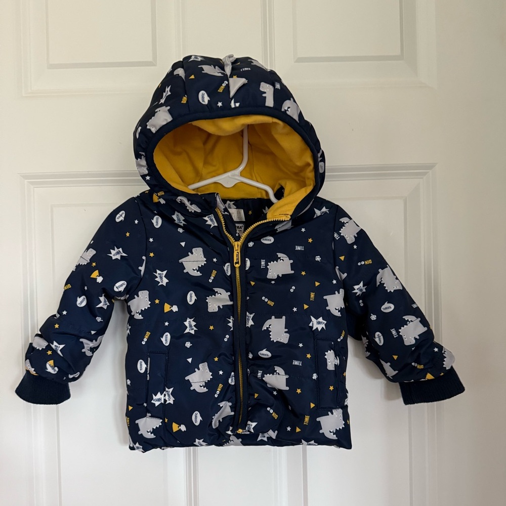 Orchestra Blue & Gray Baby Boy Dinosaur Puffer Jacket - Size 6 months